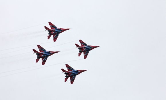 Aerobatic team 'Swifts' on the MiG 29 fighter performs aerobatics demonstration