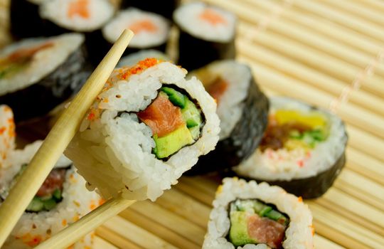 Traditional japanese food. Sushi on bamboo napkin