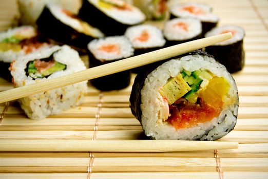 Traditional japanese food. Sushi on bamboo napkin