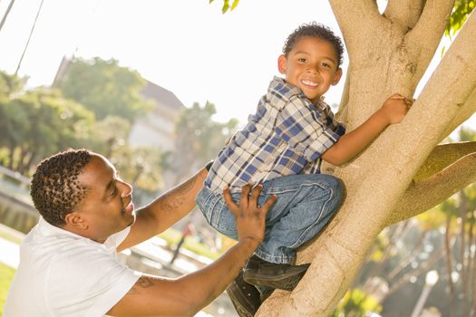 Happy Mixed Race Father Helping Son Climb a Tree in the Park.