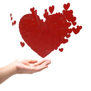many red hearts on hand,showing a love symbol.