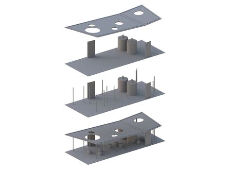 Architecture Exploded in axonometric,a presentation show an elements of architecture.