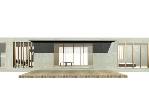 Entrance of housing elevation rendering show a direct approach between inside and outside