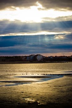 Sun beams through clouds in Town of Nin, Dalamatia, Croatia