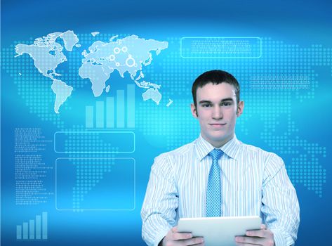 Image of a business person and technology related background