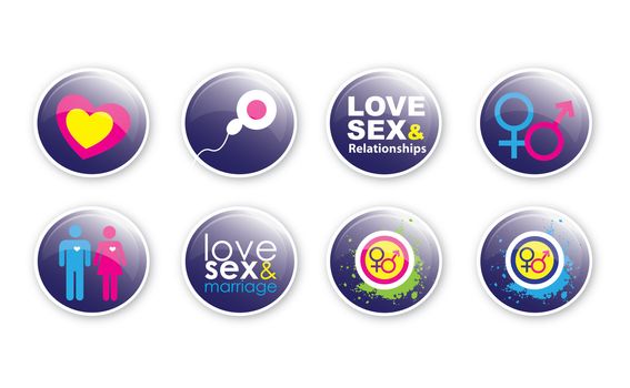 A set of eight glass effect buttons with a sex, love and educational theme, using both text and illustrations. For web or print use.