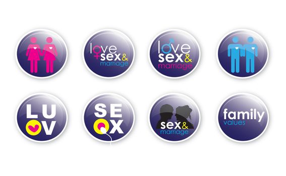 A set of eight glass effect buttons with a sex, love and educational theme, using both text and illustrations.