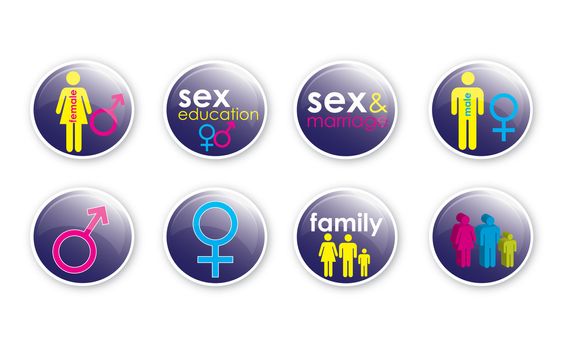 A set of eight glass effect buttons with a sex, love and educational theme, using both text and illustrations.