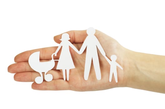 paper family in hands isolated on white