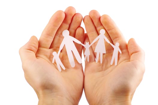 Paper family in hands isolated on white background