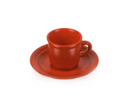Red cup on a red saucer isolated on white background