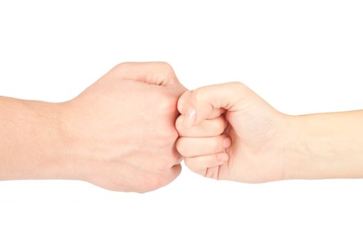 Two hands: man and woman, isolated on white