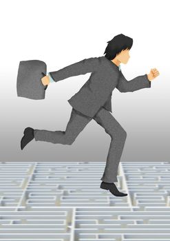 business man with briefcase running on maze, business conceptual illustration. 