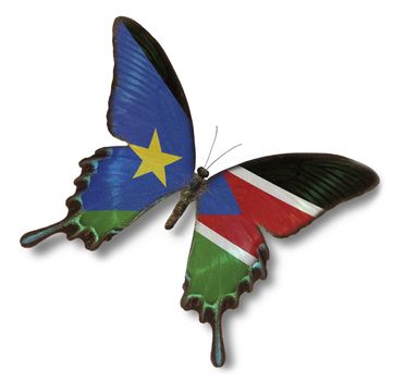 Southern Sudan flag on butterfly isolated on white