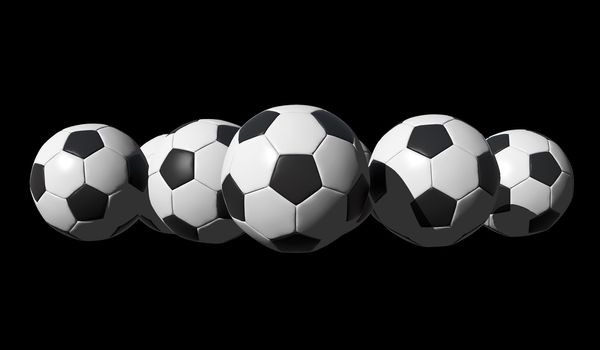 3D rendered soccer balls on black background