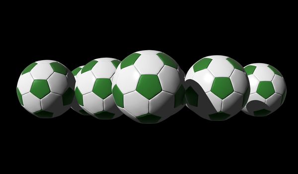 3D rendered  green soccer balls on black background