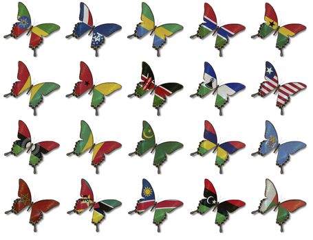 Collage from African flags on butterflies isolated on white