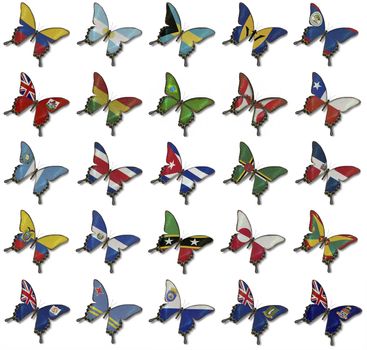 Collage fron American flags on butterflies isolated on white