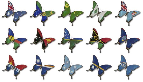 Collage fron Australia and Oceania flags on butterflies isolated on white