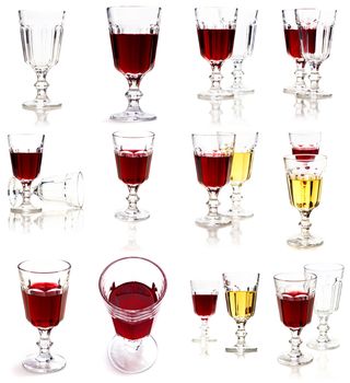 Set of glasses with white and red wine. White background.