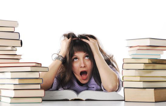 Stressed out girl with a big stack of books, similar pictures on my portfolio