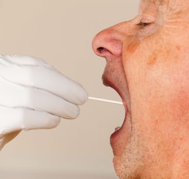 Gloved hand taking a bodily fluid sample for DNA test from senior male person