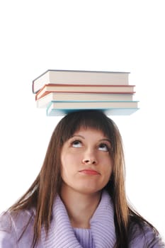 Female student with books on white background