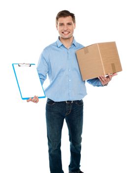Kindly accept the delivery. Courier services. Man holding clipboard and carton