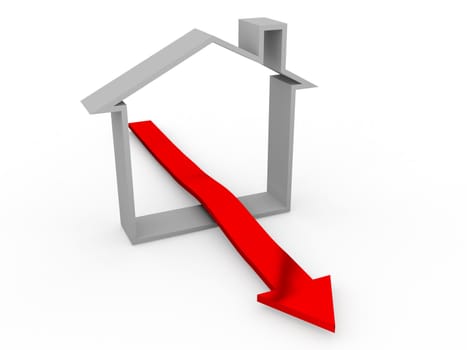 Grey house and red arrow on a white background