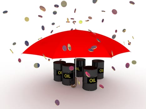 Black oil barrels under a red umbrella