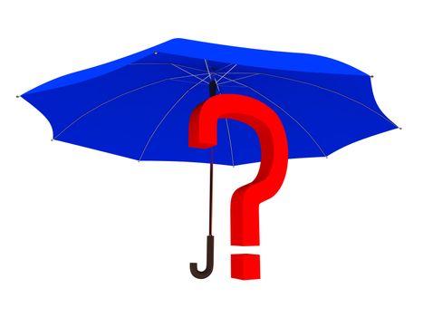 Red question sign under a blue umbrella