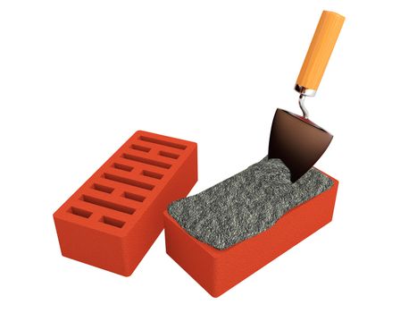 Bricks and trowel on a white background