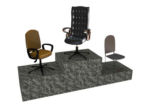 Three different chairs on a gray pedestal