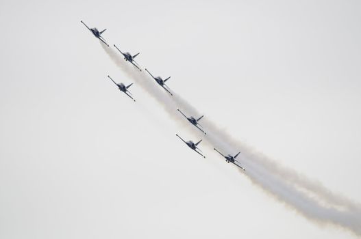 LONDON, UK, Saturday July 14, 2012. The Aero L-39 Albatros from the Breitling Jet Team displaying at Farnborough International Airshow 2012.