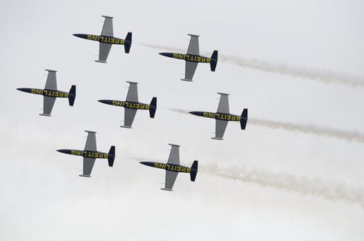 LONDON, UK, Saturday July 14, 2012. The Aero L-39 Albatros from the Breitling Jet Team displaying at Farnborough International Airshow 2012.