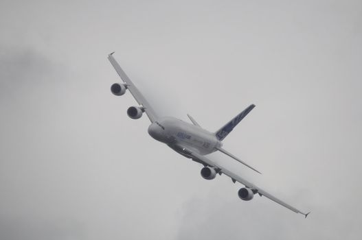 LONDON, UK, Saturday July 14, 2012. The Airbus A380 displaying at Farnborough International Airshow 2012.