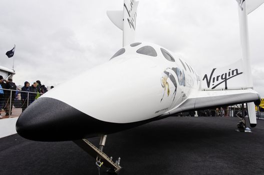 LONDON, UK, Saturday July 14, 2012. The Virgin Galactic SpaceShip 2 displaying at Farnborough International Airshow 2012. The SpaceShip 2 is a suborbital spaceplane for space tourism.