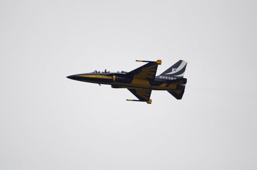 LONDON, UK, Saturday July 14, 2012. The Black Eagle T-50 Jet Trainer displaying at Farnborough International Airshow 2012.