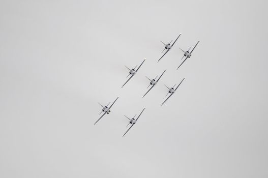 LONDON, UK, Saturday July 14, 2012. The Aero L-39 Albatros from the Breitling Jet Team displaying at Farnborough International Airshow 2012.