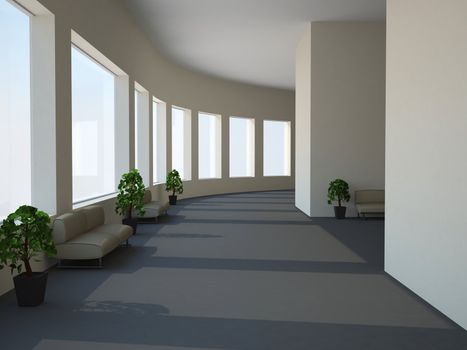 A long corridor with benchs and plants