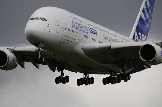 LONDON, UK, Saturday July 14, 2012. The Airbus A380 displaying at Farnborough International Airshow 2012.