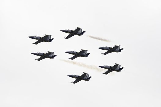 LONDON, UK, Saturday July 14, 2012. The Aero L-39 Albatros from the Breitling Jet Team displaying at Farnborough International Airshow 2012.