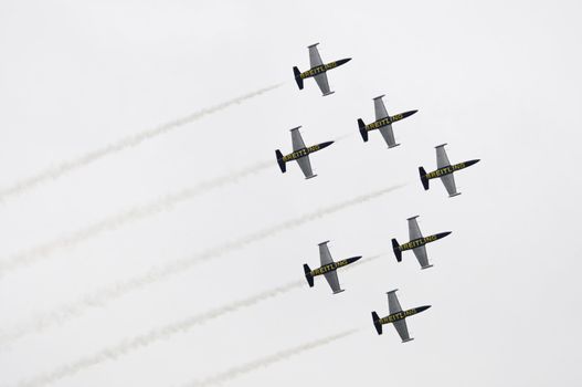 LONDON, UK, Saturday July 14, 2012. The Aero L-39 Albatros from the Breitling Jet Team displaying at Farnborough International Airshow 2012.