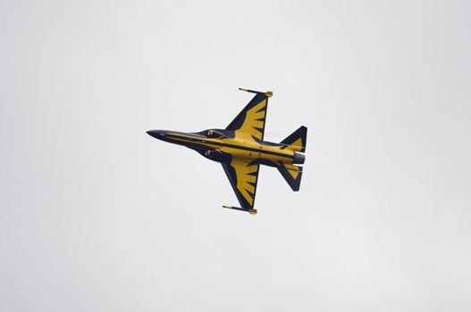 LONDON, UK, Saturday July 14, 2012. The Black Eagle T-50 Jet Trainer displaying at Farnborough International Airshow 2012.