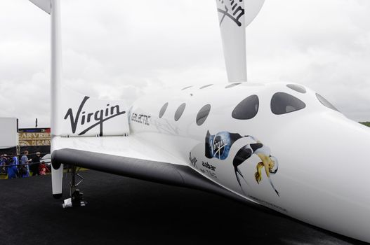 LONDON, UK, Saturday July 14, 2012. The Virgin Galactic SpaceShip 2 displaying at Farnborough International Airshow 2012. The SpaceShip 2 is a suborbital spaceplane for space tourism.