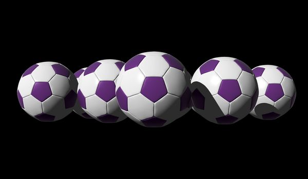 3D rendered purple soccer balls on black background
