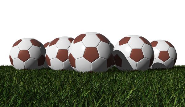 Brown soccer balls on a green grass - white background