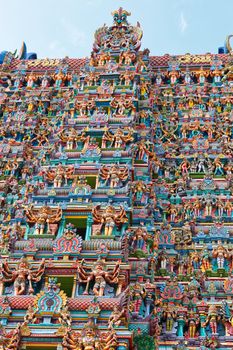 Hindu temple gopura (tower). Menakshi Temple, Madurai, Tamil Nadu, India