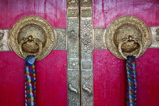 Door handles on gates of Ki monastry. Spiti Valley, Himachal Pradesh, India