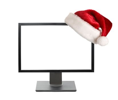 Cristmas online shopping concept - Computer monitor with Santa hat isolated on white background